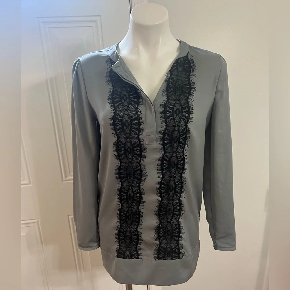 J. Crew Slate Blouse with Ebony Lace Detail